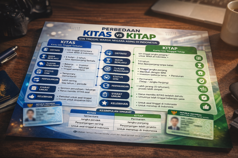 Infografis perbandingan perbedaan utama KITAS dan KITAP untuk izin tinggal warga negara asing di Indonesia.