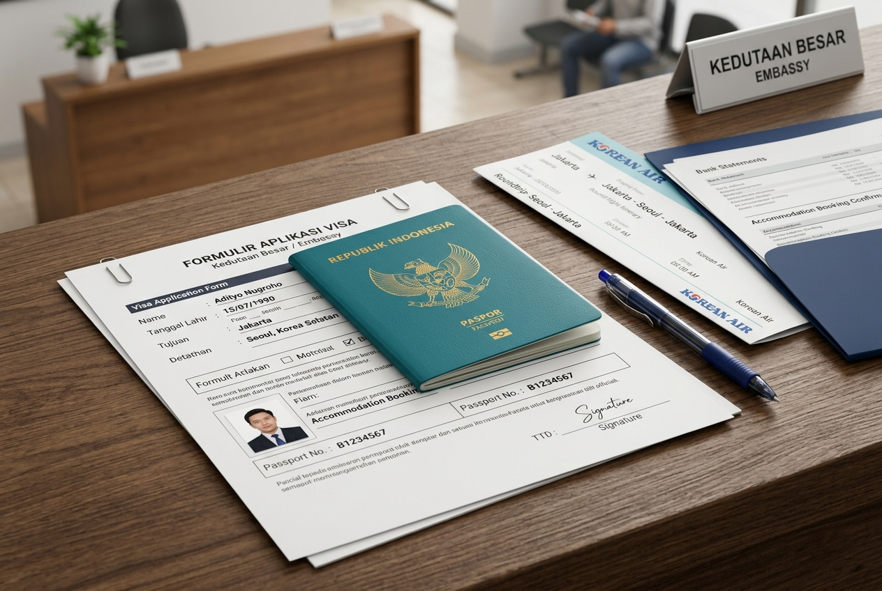 Ilustrasi paspor Indonesia dan formulir aplikasi visa yang tertata rapi untuk diajukan ke kedutaan.