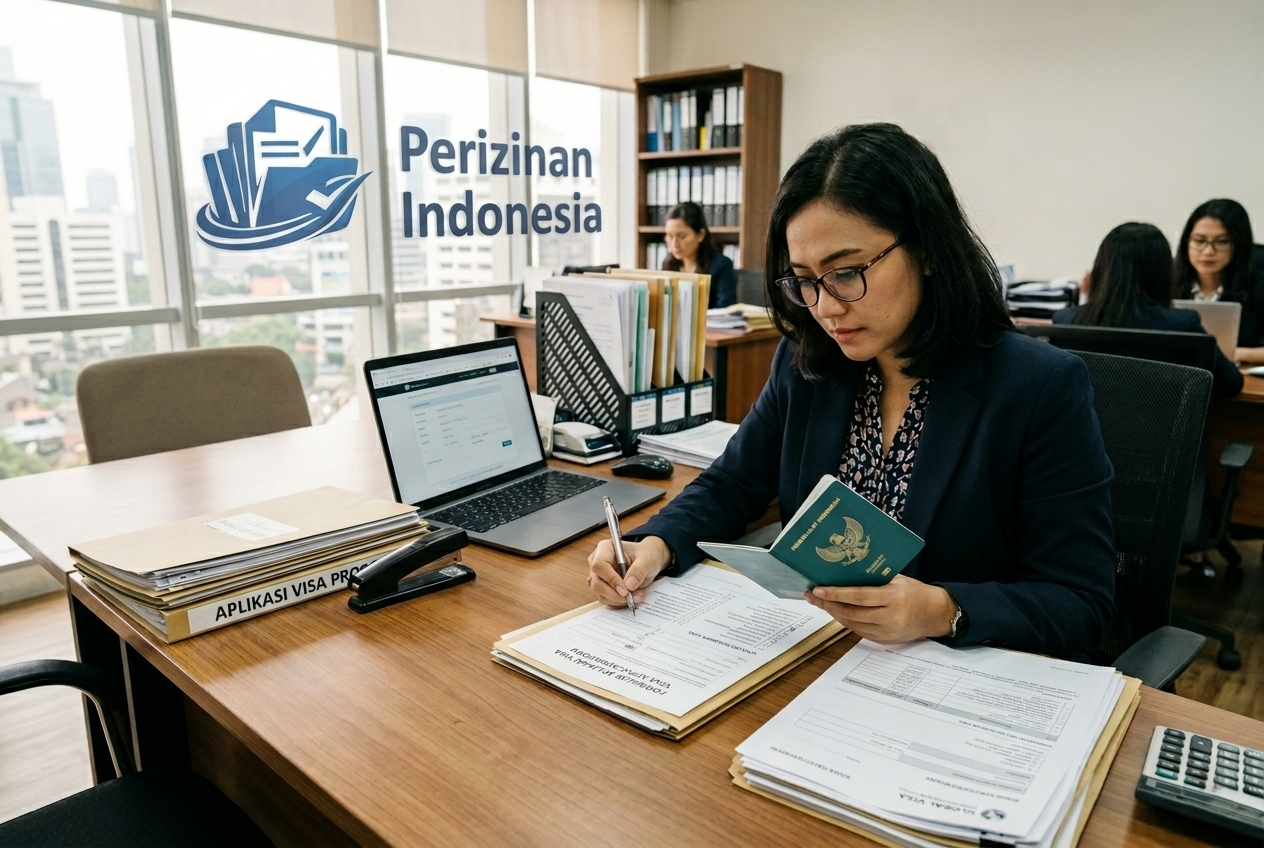 Tim profesional sedang memeriksa dokumen kelengkapan paspor dan visa klien dengan teliti.