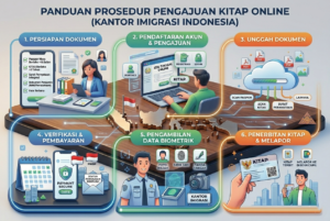Infografis langkah-langkah prosedur pengajuan KITAP di kantor imigrasi Indonesia secara online.