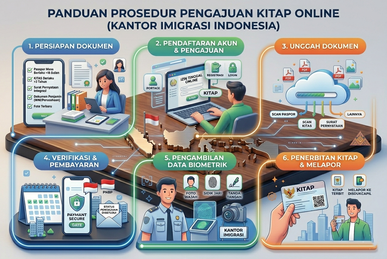 Infografis langkah-langkah prosedur pengajuan KITAP di kantor imigrasi Indonesia secara online.