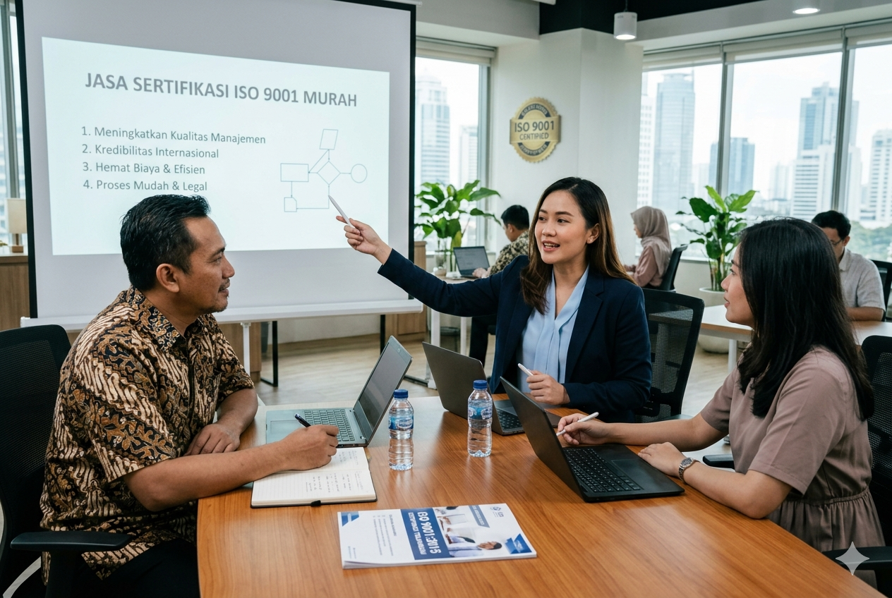 Konsultan profesional sedang memberikan arahan mengenai jasa sertifikasi ISO 9001 murah kepada pemilik bisnis di kantor.