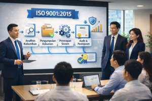 Tim konsultan profesional sedang memberikan pengarahan terkait proses dokumentasi jasa perizinan ISO kepada staf kantor.