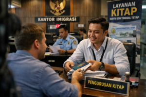Proses pengurusan dokumen KITAP melalui agen terpercaya di kantor imigrasi.