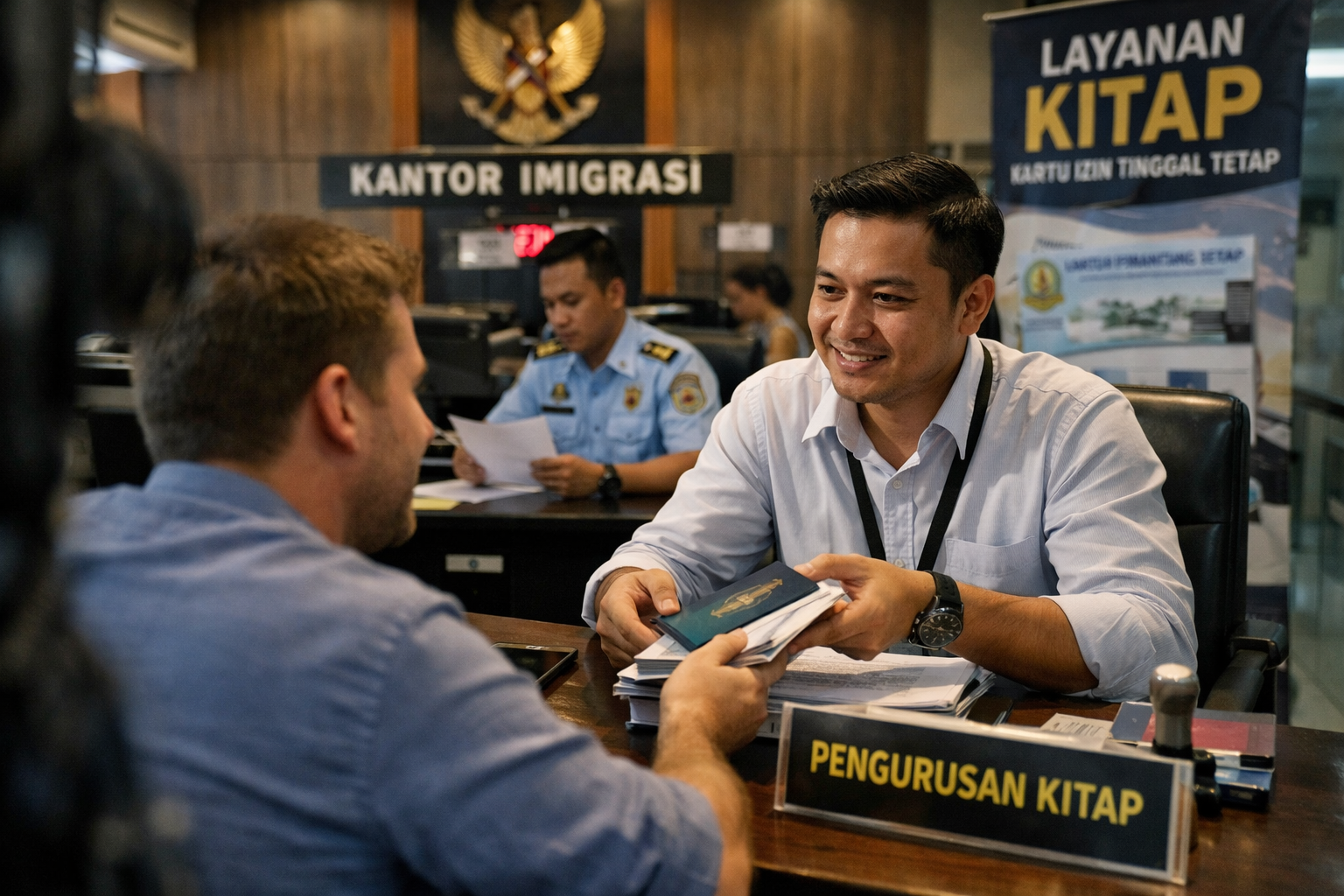 Proses pengurusan dokumen KITAP melalui agen terpercaya di kantor imigrasi.