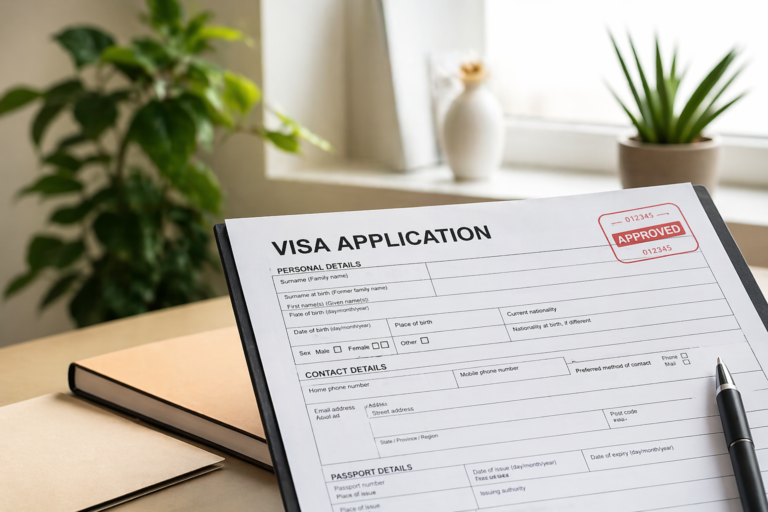 Seorang konsultan imigrasi menjelaskan dokumen-dokumen perizinan visa kepada klien di Jakarta.