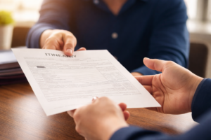 Seorang agen profesional sedang membantu warga negara asing mengurus dokumen perpanjangan KITAS di kantor imigrasi Indonesia.