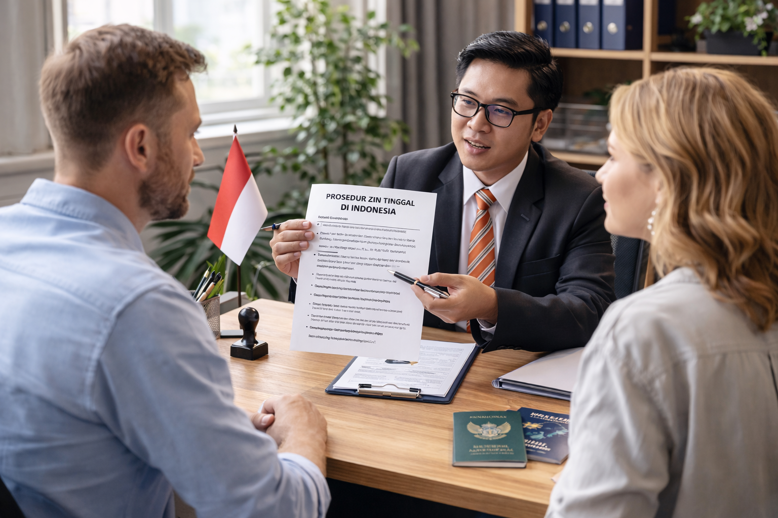 Seorang konsultan menunjukkan formulir KITAS di depan logo Imigrasi Indonesia.