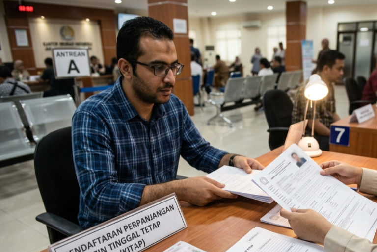 "Dokumen syarat perpanjangan KITAP warga asing di kantor imigrasi Indonesia."
