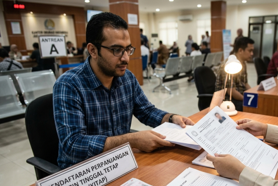 "Dokumen syarat perpanjangan KITAP warga asing di kantor imigrasi Indonesia."