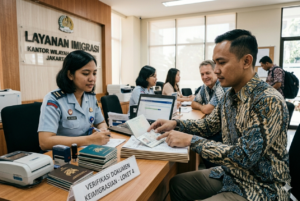 Proses verifikasi dokumen di kantor imigrasi Indonesia oleh agen profesional.