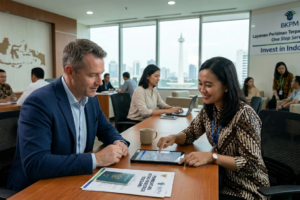 "Ilustrasi pengusaha asing sedang mengurus legalitas bisnis di Indonesia"