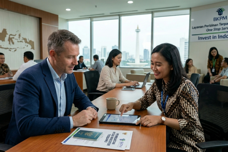 "Ilustrasi pengusaha asing sedang mengurus legalitas bisnis di Indonesia"