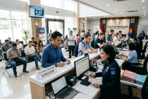 "Suasana pelayanan di kantor imigrasi saat membantu proses administrasi izin tinggal terbatas bagi tenaga kerja asing."