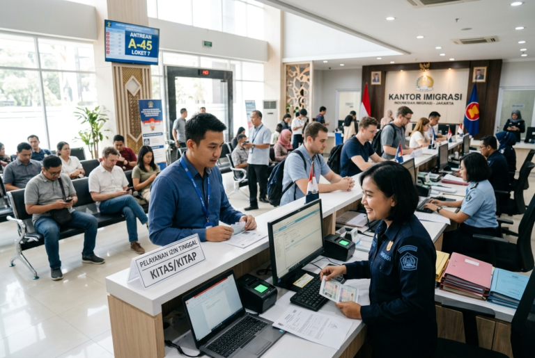"Suasana pelayanan di kantor imigrasi saat membantu proses administrasi izin tinggal terbatas bagi tenaga kerja asing."