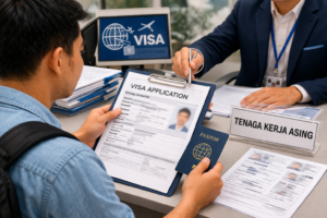 Petugas jasa perizinan visa di Jakarta sedang mengecek kelengkapan dokumen paspor klien untuk permohonan visa luar negeri.