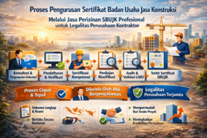Proses pengurusan Sertifikat Badan Usaha Jasa Konstruksi melalui jasa perizinan SBUJK profesional untuk legalitas perusahaan kontraktor.
