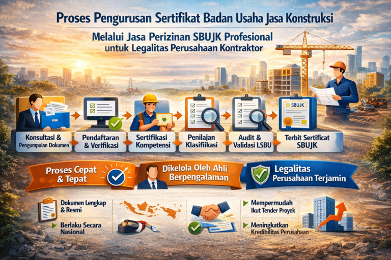 Proses pengurusan Sertifikat Badan Usaha Jasa Konstruksi melalui jasa perizinan SBUJK profesional untuk legalitas perusahaan kontraktor.