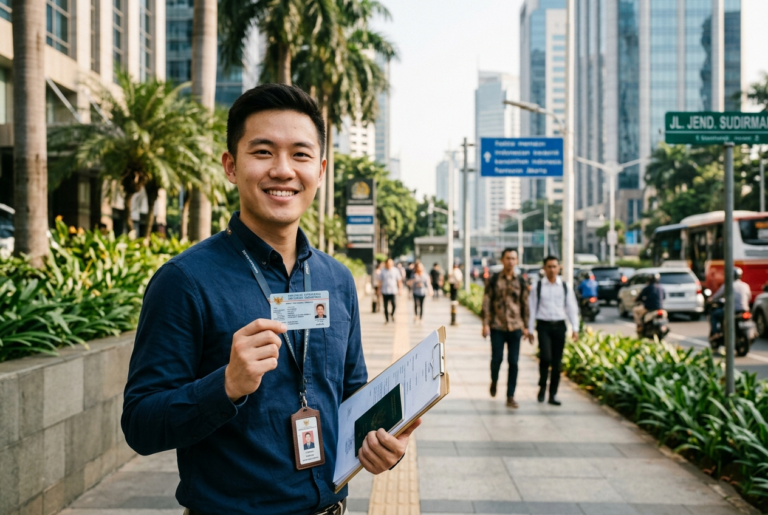 Ilustrasi tenaga kerja asing yang memegang dokumen izin tinggal terbatas atau KITAS.