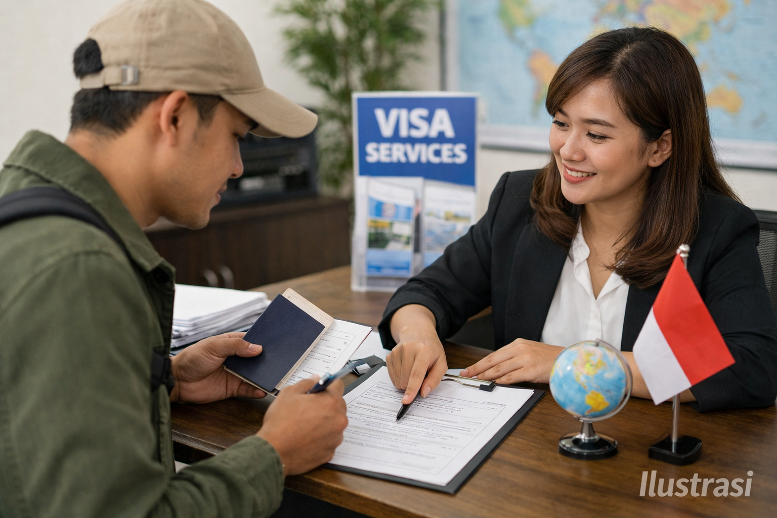 Seorang traveler sedang berkonsultasi dengan agen jasa visa turis mengenai dokumen paspor dan formulir aplikasi.