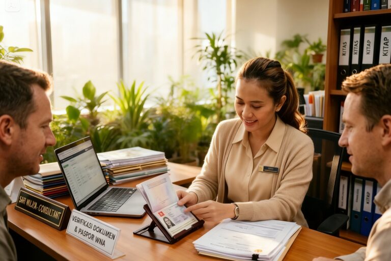 Tim profesional jasa perizinan Kitas Jakarta sedang memproses dokumen imigrasi klien.