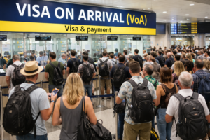 Suasana antrean wisatawan mancanegara di loket pembayaran Visa on Arrival (VoA) bandara udara.