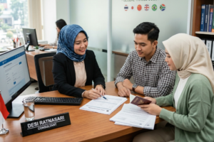 "Seorang konsultan sedang membantu klien menyiapkan dokumen untuk jasa perizinan visa terpercaya di kantor."