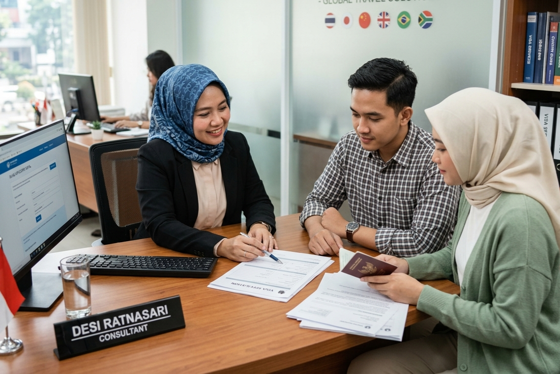 "Seorang konsultan sedang membantu klien menyiapkan dokumen untuk jasa perizinan visa terpercaya di kantor."