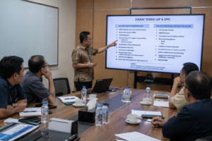 Konsultan sedang menjelaskan alur pengurusan izin usaha pertambangan.