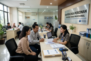 Proses pengurusan dokumen di kantor jasa perizinan legalitas usaha profesional.