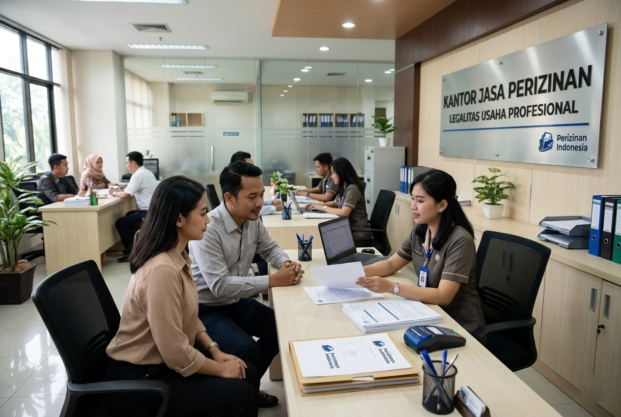 Proses pengurusan dokumen di kantor jasa perizinan legalitas usaha profesional.
