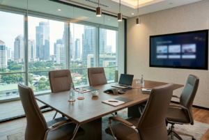 Fasilitas ruang rapat modern pada jasa kantor virtual Jakarta untuk pertemuan klien bisnis yang profesional.