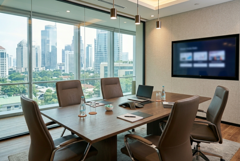 Fasilitas ruang rapat modern pada jasa kantor virtual Jakarta untuk pertemuan klien bisnis yang profesional.