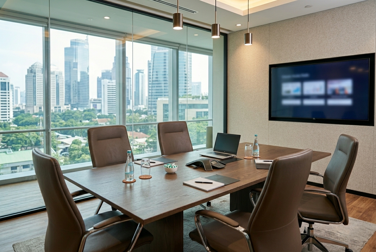 Fasilitas ruang rapat modern pada jasa kantor virtual Jakarta untuk pertemuan klien bisnis yang profesional.